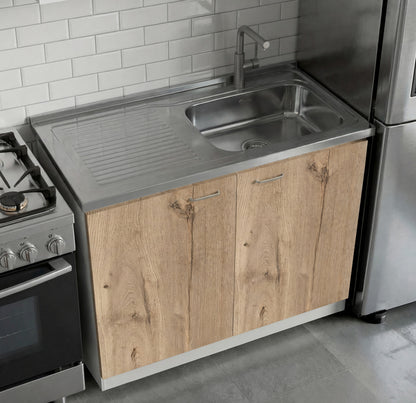 TUHOME Napoles Utility Sink Cabinet with Integrated Steel Sink, Double Door Storage, Interior Shelf and Durable Aluminum Countertop Offering Practical Organization and Functional Workspace.