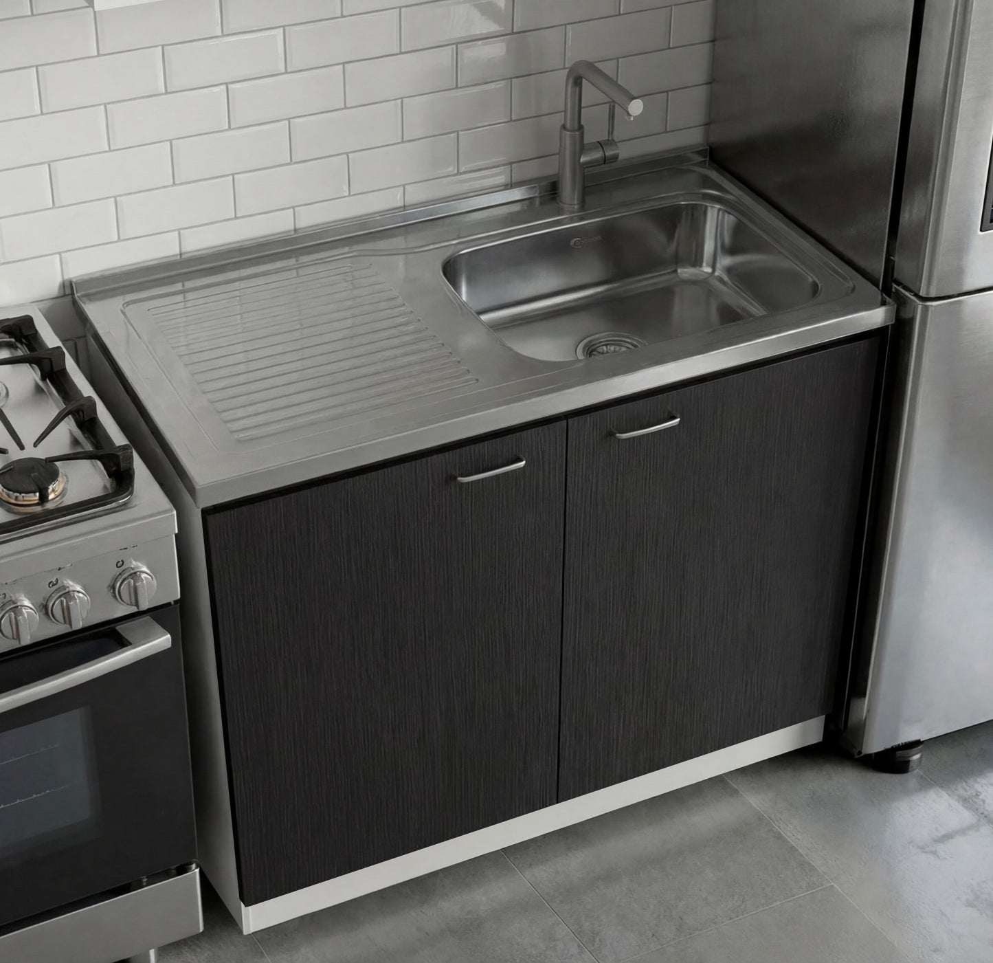 TUHOME Napoles Utility Sink Cabinet with Integrated Steel Sink, Double Door Storage, Interior Shelf and Durable Aluminum Countertop Offering Practical Organization and Functional Workspace for Modern Home Kitchens