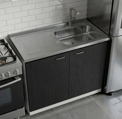 TUHOME Napoles Utility Sink Cabinet with Integrated Steel Sink, Double Door Storage, Interior Shelf and Durable Aluminum Countertop Offering Practical Organization and Functional Workspace for Modern Home Kitchens