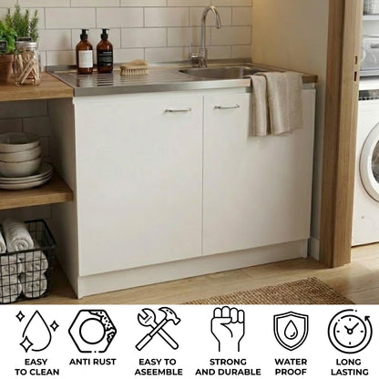 TUHOME Napoles Utility Sink Cabinet with Integrated Steel Sink, Double Door Storage, Interior Shelf and Durable Aluminum Countertop Offering Practical Organization and Functional Workspace for Modern Home Kitchens
