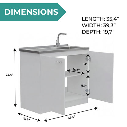 TUHOME Napoles Utility Sink Cabinet with Integrated Steel Sink, Double Door Storage, Interior Shelf and Durable Aluminum Countertop Offering Practical Organization and Functional Workspace for Modern Home Kitchens