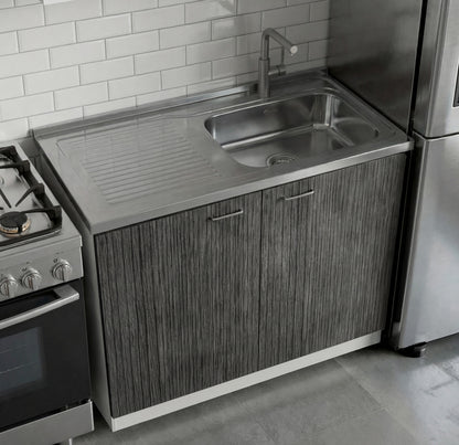 TUHOME Napoles Utility Sink Cabinet with Integrated Steel Sink, Double Door Storage, Interior Shelf and Durable Aluminum Countertop Offering Practical Organization and Functional Workspace for Modern Home Kitchens