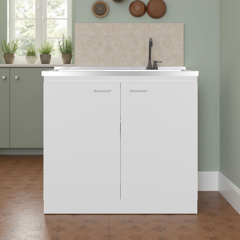 White kitchen sink unit with cabinets against a light green wall.