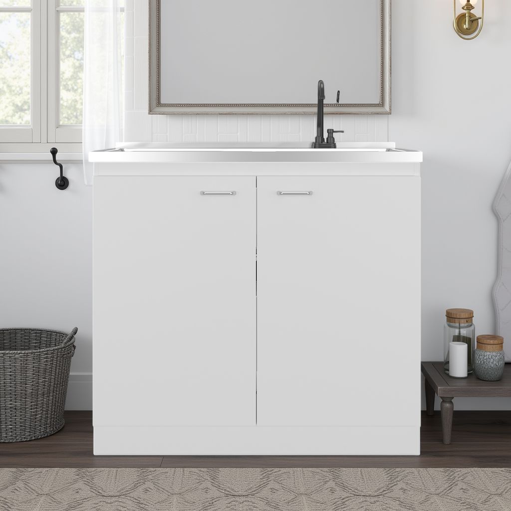 White laundry cabinet with sink in a room with a window and small table.