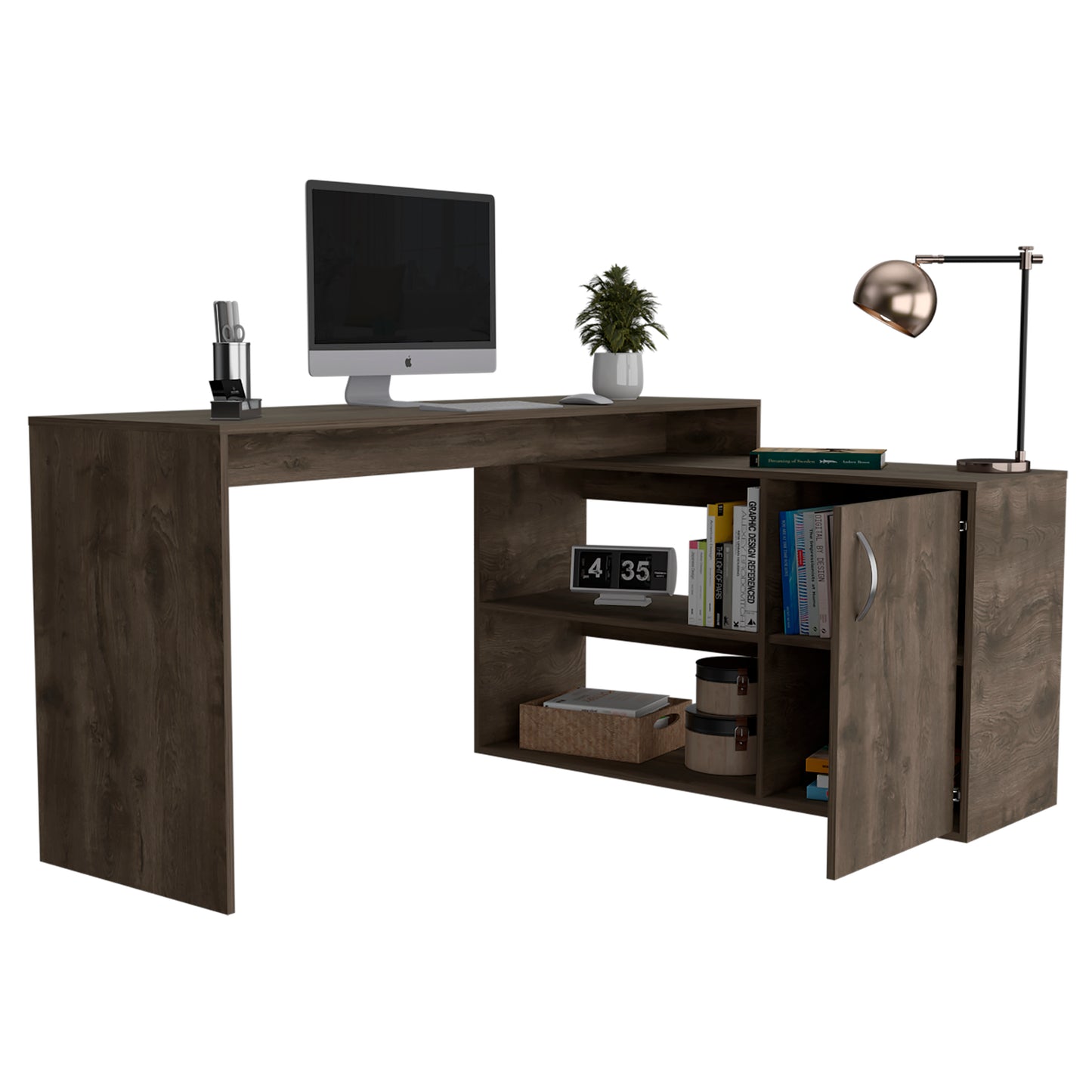 Tuhome Axis Modern L-Shaped Computer Desk with Spacious Work Surface, Open Shelving, Closed Storage Cabinet with Interior Shelves, Contemporary Corner Desk for Home Office Organization and Efficient Work-From-Home Setups