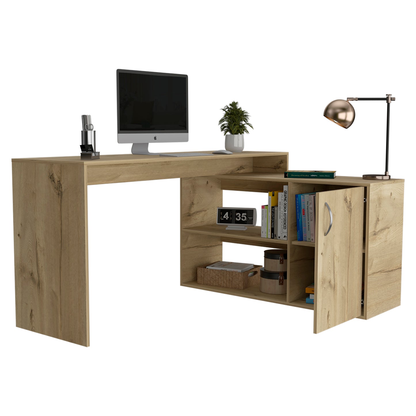 Tuhome Axis Modern L-Shaped Computer Desk with Spacious Work Surface, Open Shelving, Closed Storage Cabinet with Interior Shelves, Contemporary Corner Desk for Home Office Organization and Efficient Work-From-Home Setups