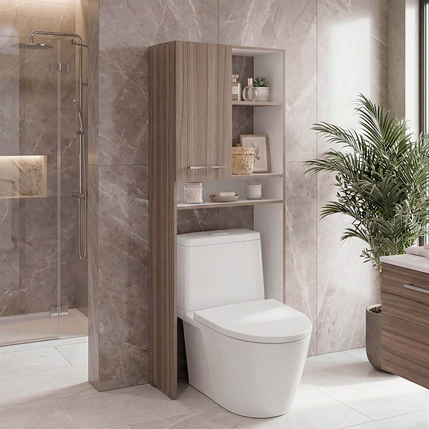 Over-the-Toilet Bathroom Storage Cabinet with One Door Cabinet and 3 Open Display Shelves
