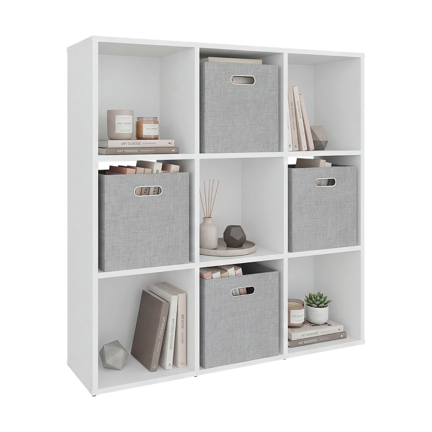 Lena 9-Cube Storage Organizer Bookcase with Display Shelves and 4 Cloth Boxes, for Living Room, Office & Bedroom