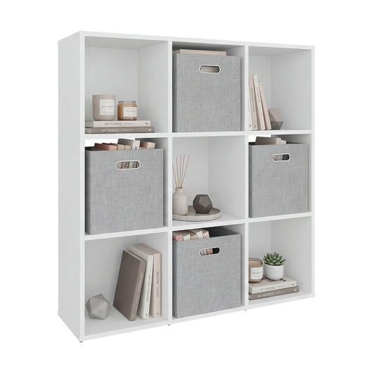 Lena 9-Cube Storage Organizer Bookcase with Display Shelves and 4 Cloth Boxes, for Living Room, Office & Bedroom