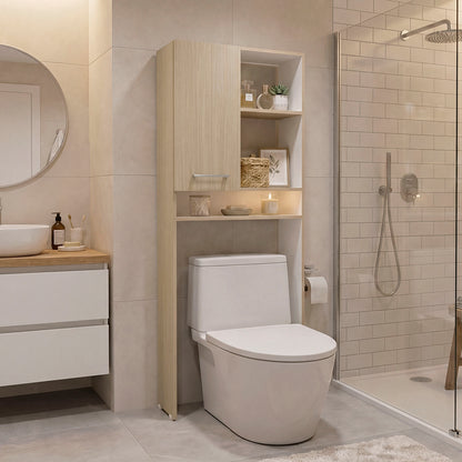 Over-the-Toilet Bathroom Storage Cabinet with One Door Cabinet and 3 Open Display Shelves