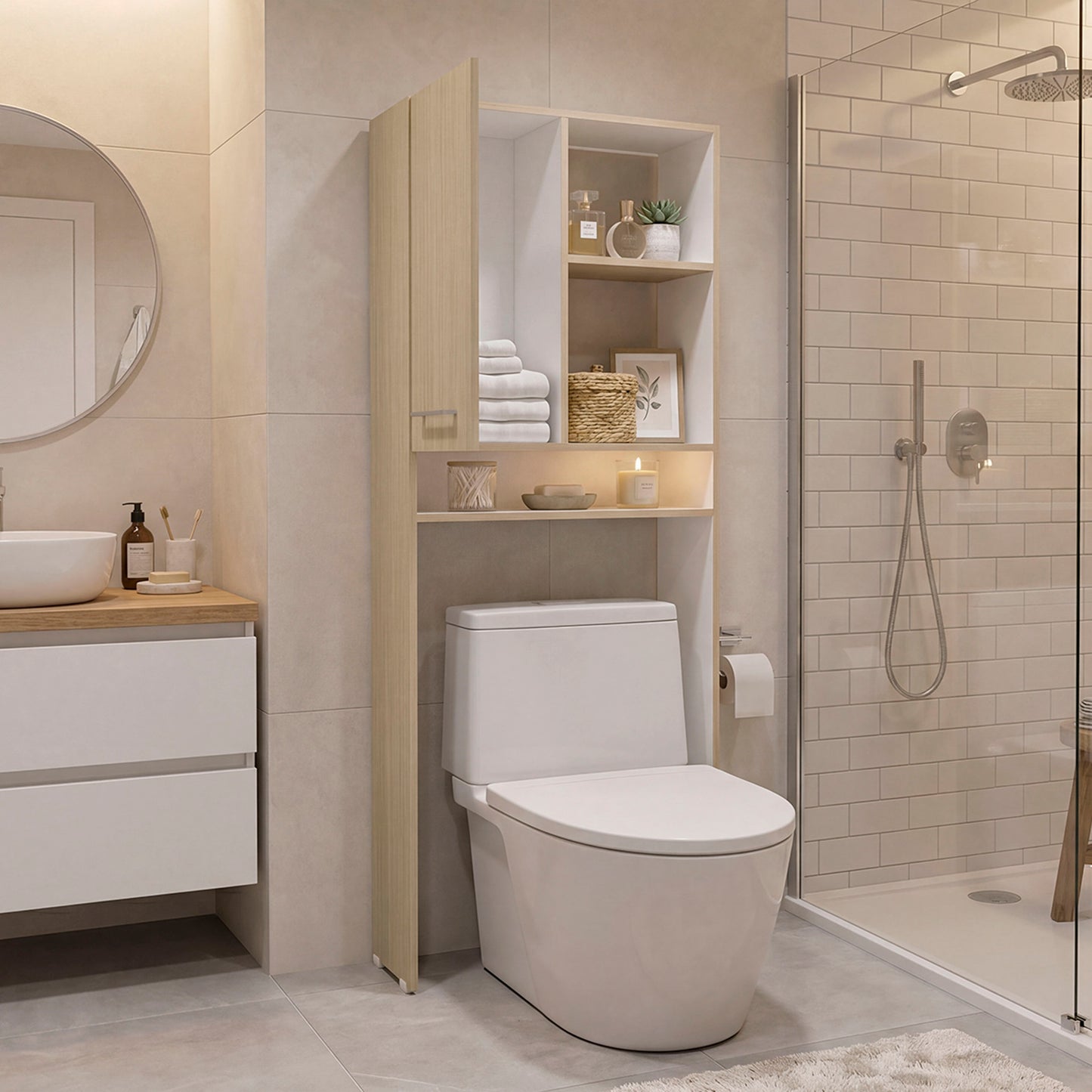 Over-the-Toilet Bathroom Storage Cabinet with One Door Cabinet and 3 Open Display Shelves