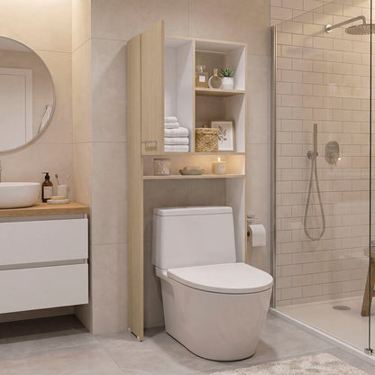 Over-the-Toilet Bathroom Storage Cabinet with One Door Cabinet and 3 Open Display Shelves