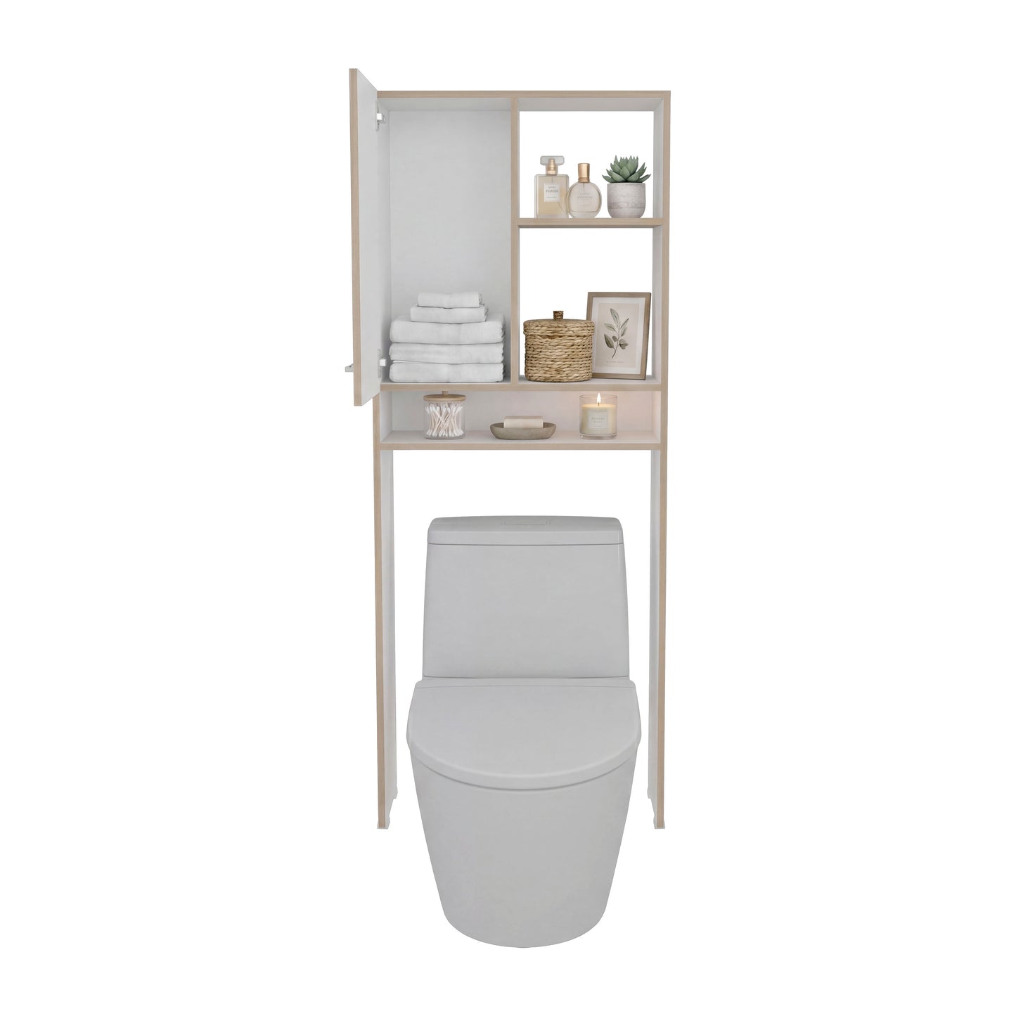 Over-the-Toilet Bathroom Storage Cabinet with One Door Cabinet and 3 Open Display Shelves