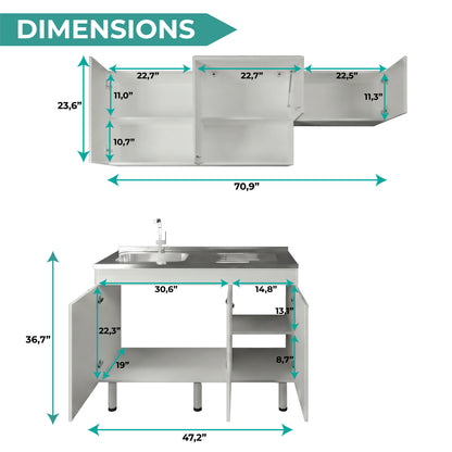 Oceana Kitchen Top Cabinet with Stainless Steel Utility Sink Set, Three-Door Base Cabinet, Five-Door Top Wall Cabinet with Eight Total Shelves, Versatile Storage and Workspace Solution for Kitchen Organization and Efficiency