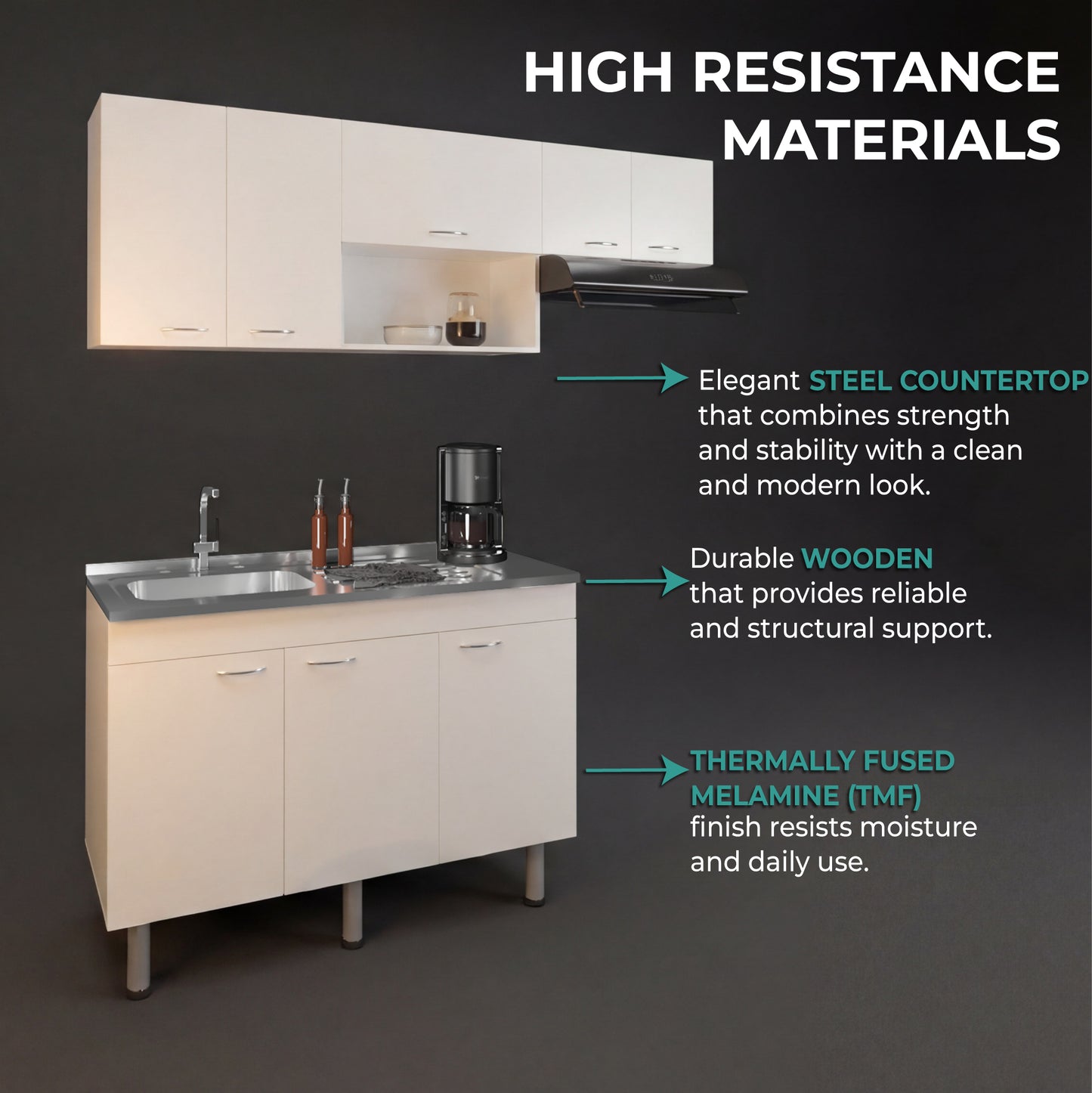 Oceana Kitchen Top Cabinet with Stainless Steel Utility Sink Set, Three-Door Base Cabinet, Five-Door Top Wall Cabinet with Eight Total Shelves, Versatile Storage and Workspace Solution for Kitchen Organization and Efficiency