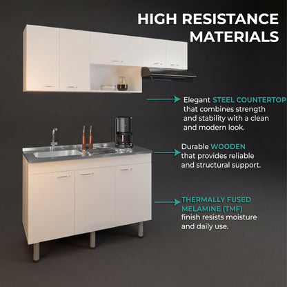 Oceana Kitchen Top Cabinet with Stainless Steel Utility Sink Set, Three-Door Base Cabinet, Five-Door Top Wall Cabinet with Eight Total Shelves, Versatile Storage and Workspace Solution for Kitchen Organization and Efficiency