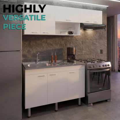 Oceana Kitchen Top Cabinet with Stainless Steel Utility Sink Set, Three-Door Base Cabinet, Five-Door Top Wall Cabinet with Eight Total Shelves, Versatile Storage and Workspace Solution for Kitchen Organization and Efficiency