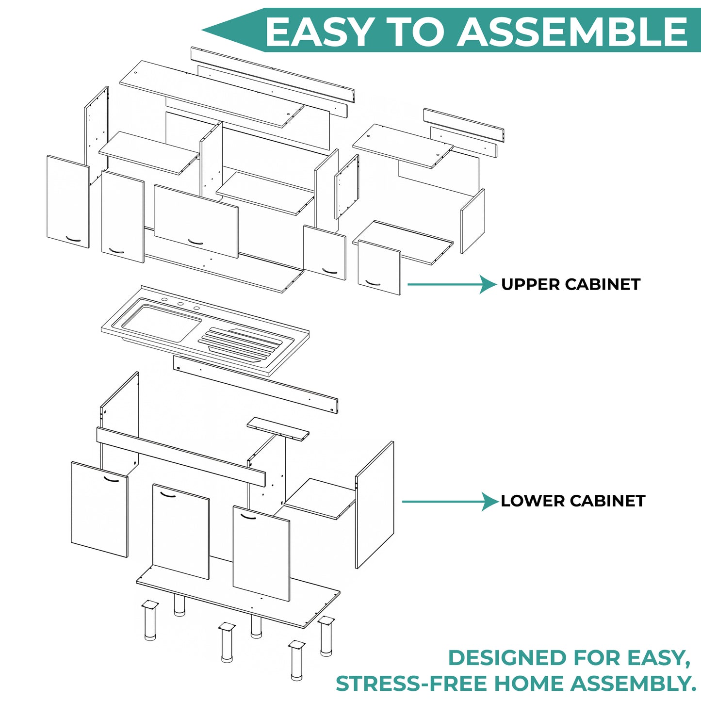 Oceana Kitchen Top Cabinet with Stainless Steel Utility Sink Set, Three-Door Base Cabinet, Five-Door Top Wall Cabinet with Eight Total Shelves, Versatile Storage and Workspace Solution for Kitchen Organization and Efficiency