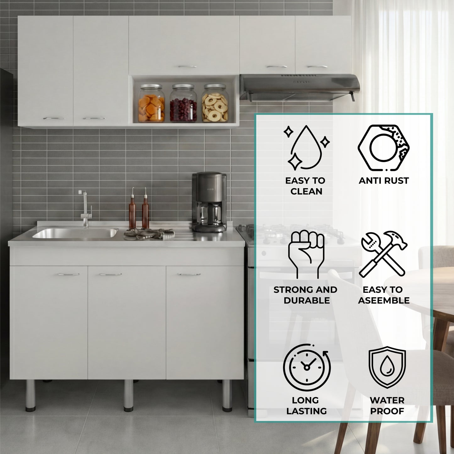 Oceana Kitchen Top Cabinet with Stainless Steel Utility Sink Set, Three-Door Base Cabinet, Five-Door Top Wall Cabinet with Eight Total Shelves, Versatile Storage and Workspace Solution for Kitchen Organization and Efficiency
