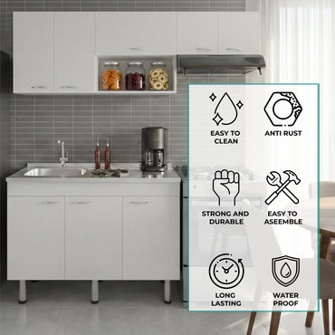 Oceana Kitchen Top Cabinet with Stainless Steel Utility Sink Set, Three-Door Base Cabinet, Five-Door Top Wall Cabinet with Eight Total Shelves, Versatile Storage and Workspace Solution for Kitchen Organization and Efficiency