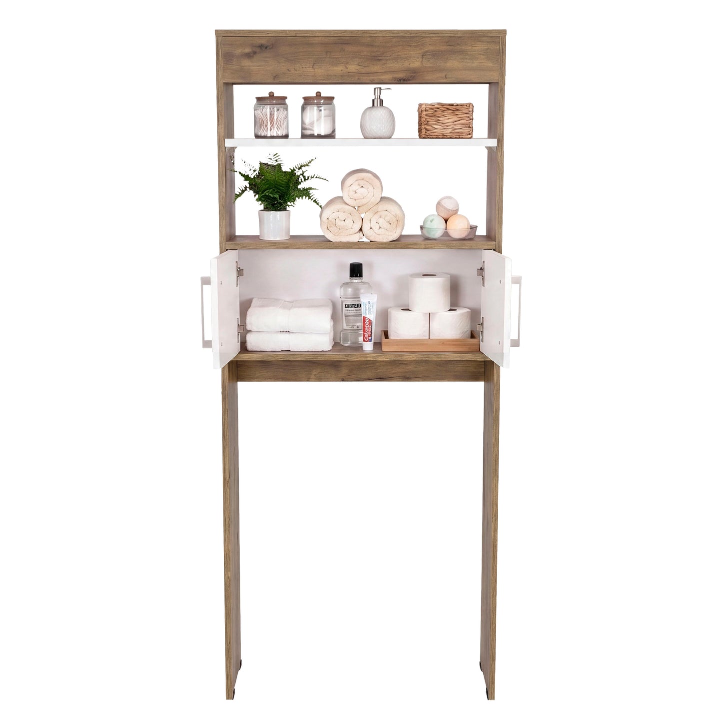 Over-the Toilet Compact Bathroom Cabinet with 2 Open Display Shelves and 2-Door Cabinet