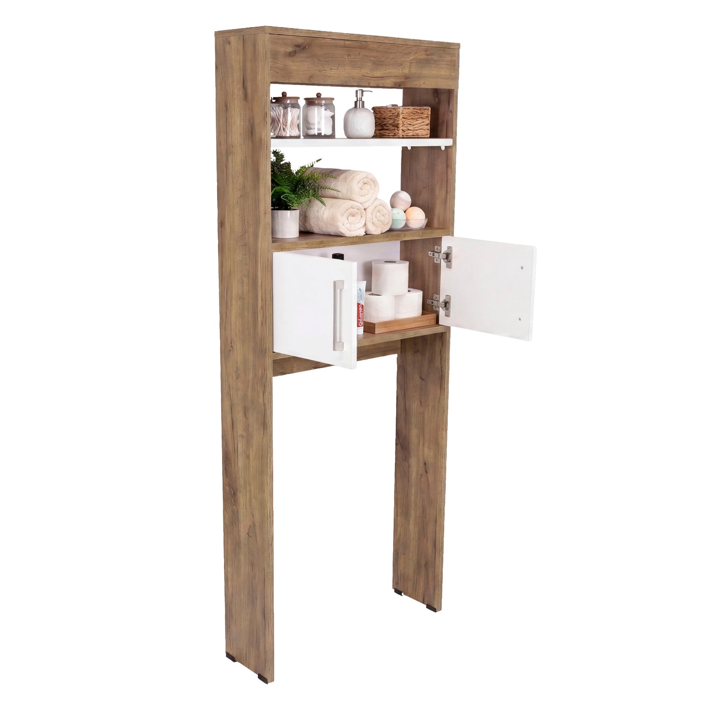 Over-the Toilet Compact Bathroom Cabinet with 2 Open Display Shelves and 2-Door Cabinet