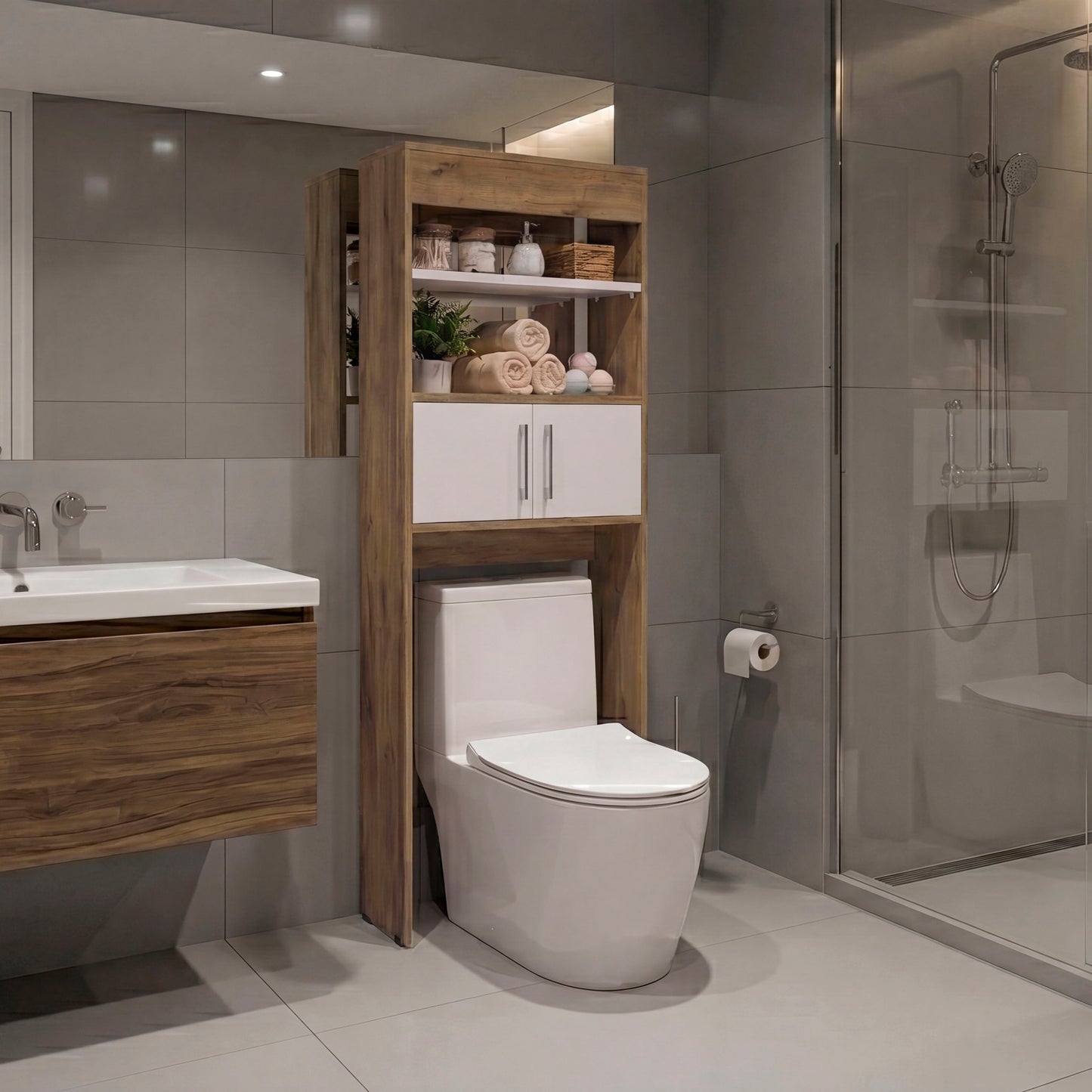 Over-the Toilet Compact Bathroom Cabinet with 2 Open Display Shelves and 2-Door Cabinet