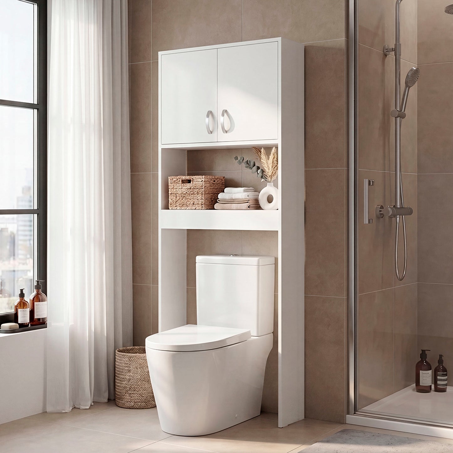 Optimizer Over-the-Toilet Bathroom Cabinet with 2-Door Compartment with 2 Interior Shelves and One Display Shelf