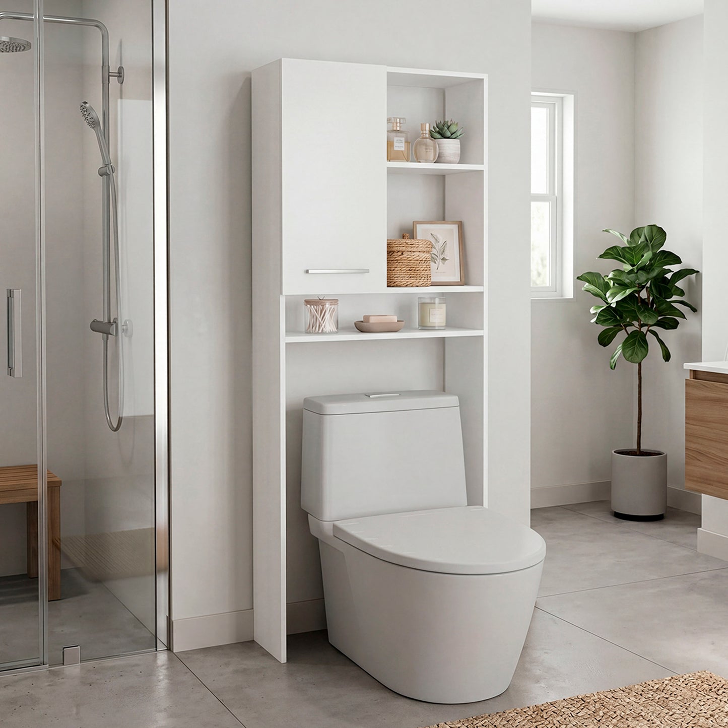 Over-the-Toilet Bathroom Storage Cabinet with One Door Cabinet and 3 Open Display Shelves