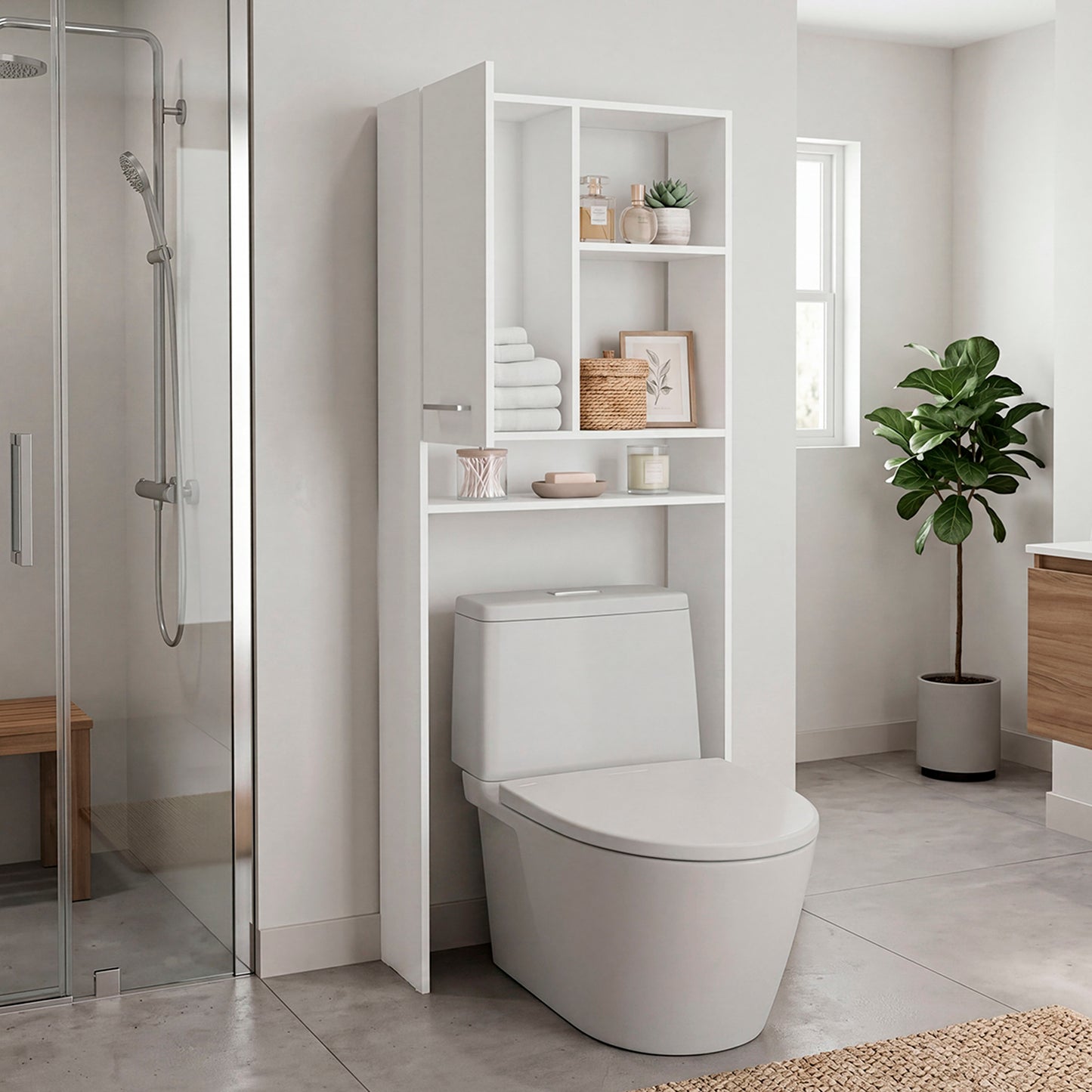 Over-the-Toilet Bathroom Storage Cabinet with One Door Cabinet and 3 Open Display Shelves