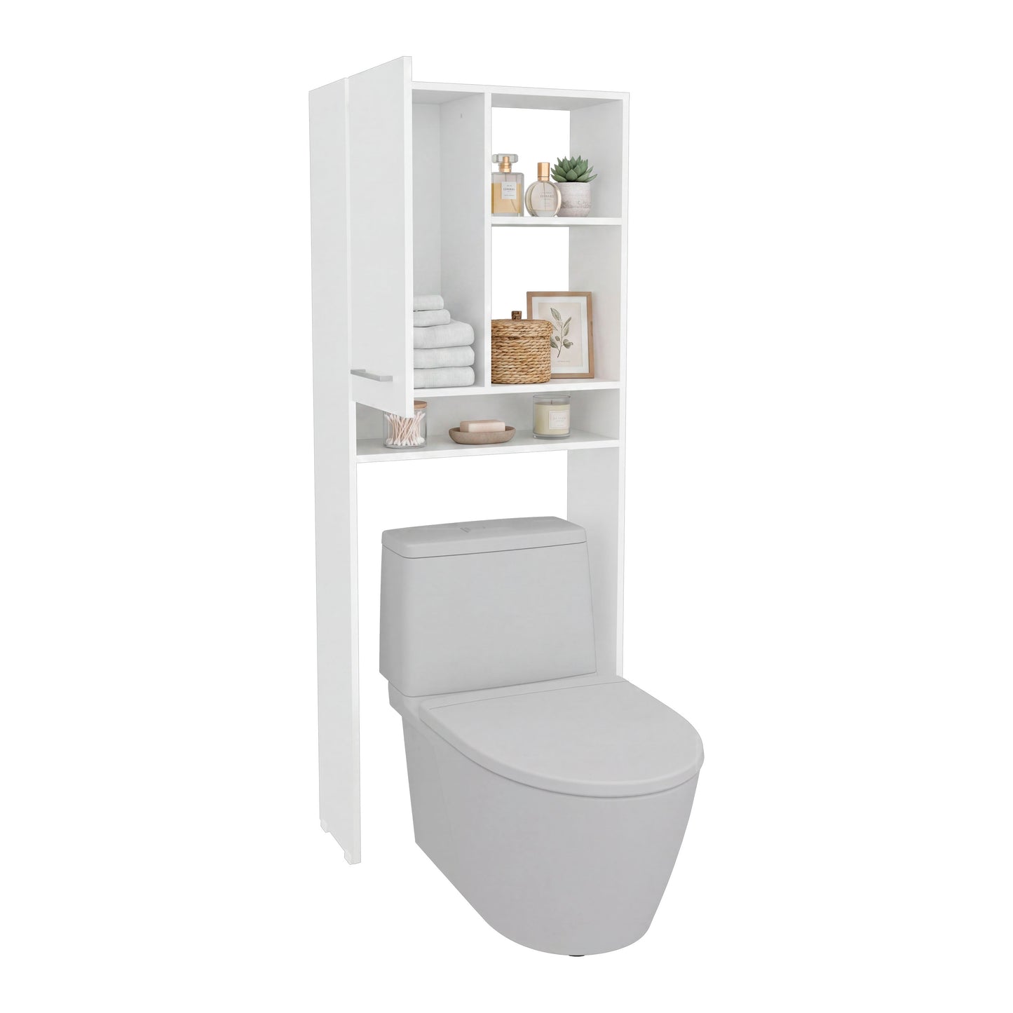 Over-the-Toilet Bathroom Storage Cabinet with One Door Cabinet and 3 Open Display Shelves