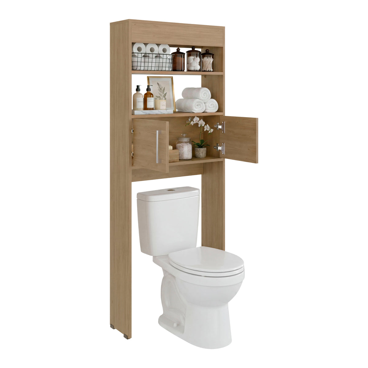 TUHOME Madrid Over The Toilet Cabinet with Double Door Storage, Two Spacious Shelves, Space-Saving Bathroom Organizer for Toiletries, Towels and Essentials, Modern Freestanding Design.
