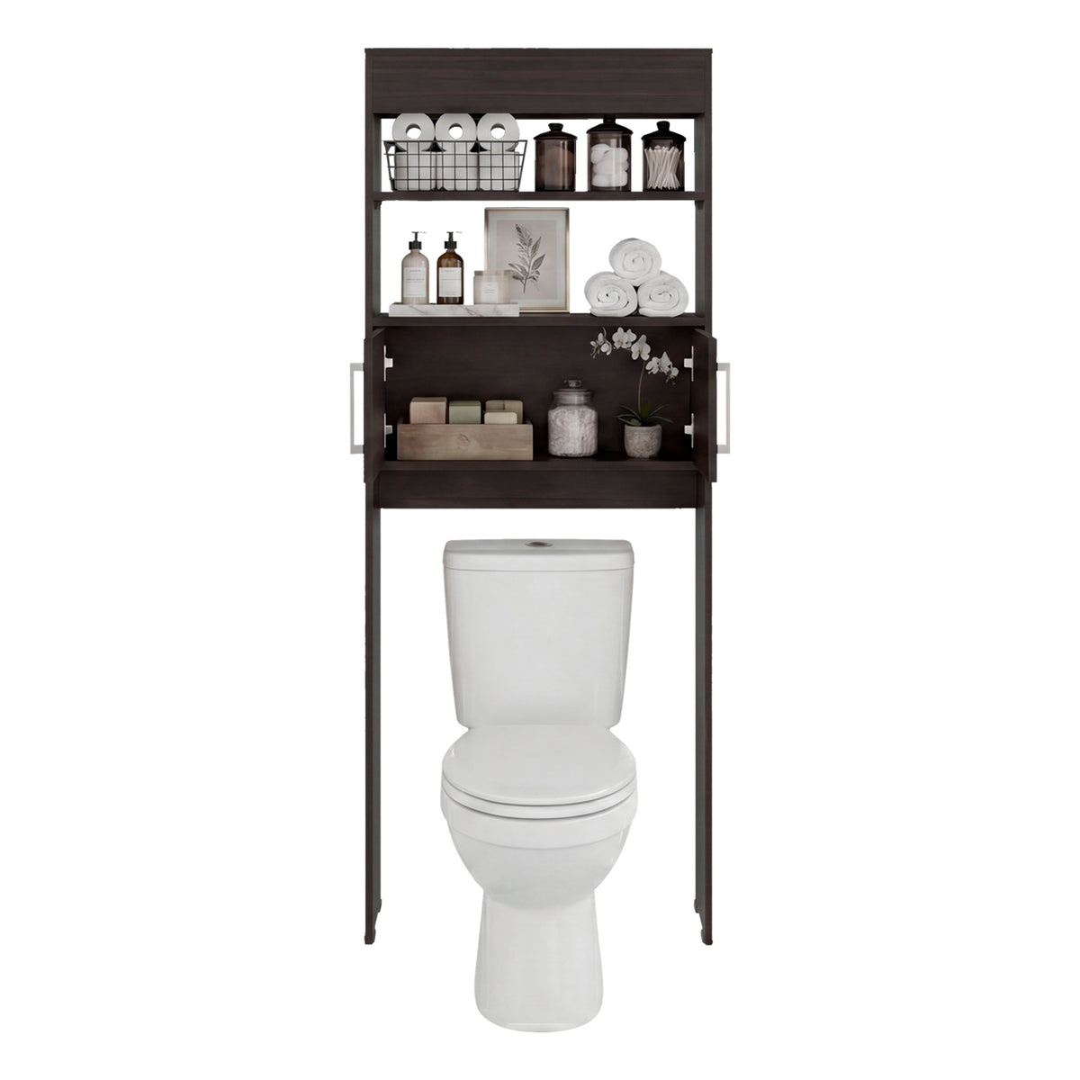 TUHOME Madrid Over The Toilet Cabinet with Double Door Storage, Two Spacious Shelves, Space-Saving Bathroom Organizer for Toiletries, Towels and Essentials, Modern Freestanding Design.