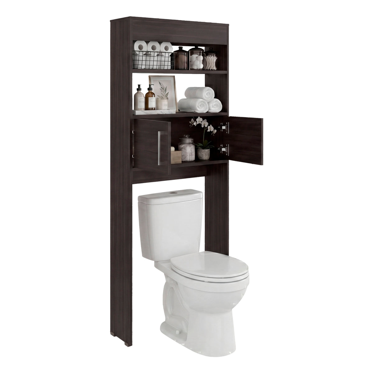 TUHOME Madrid Over The Toilet Cabinet with Double Door Storage, Two Spacious Shelves, Space-Saving Bathroom Organizer for Toiletries, Towels and Essentials, Modern Freestanding Design.