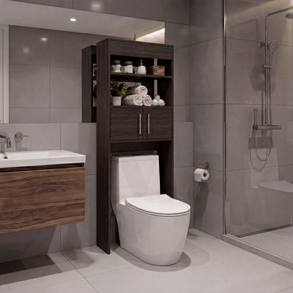 TUHOME Madrid Over The Toilet Cabinet with Double Door Storage, Two Spacious Shelves, Space-Saving Bathroom Organizer for Toiletries, Towels and Essentials, Modern Freestanding Design.