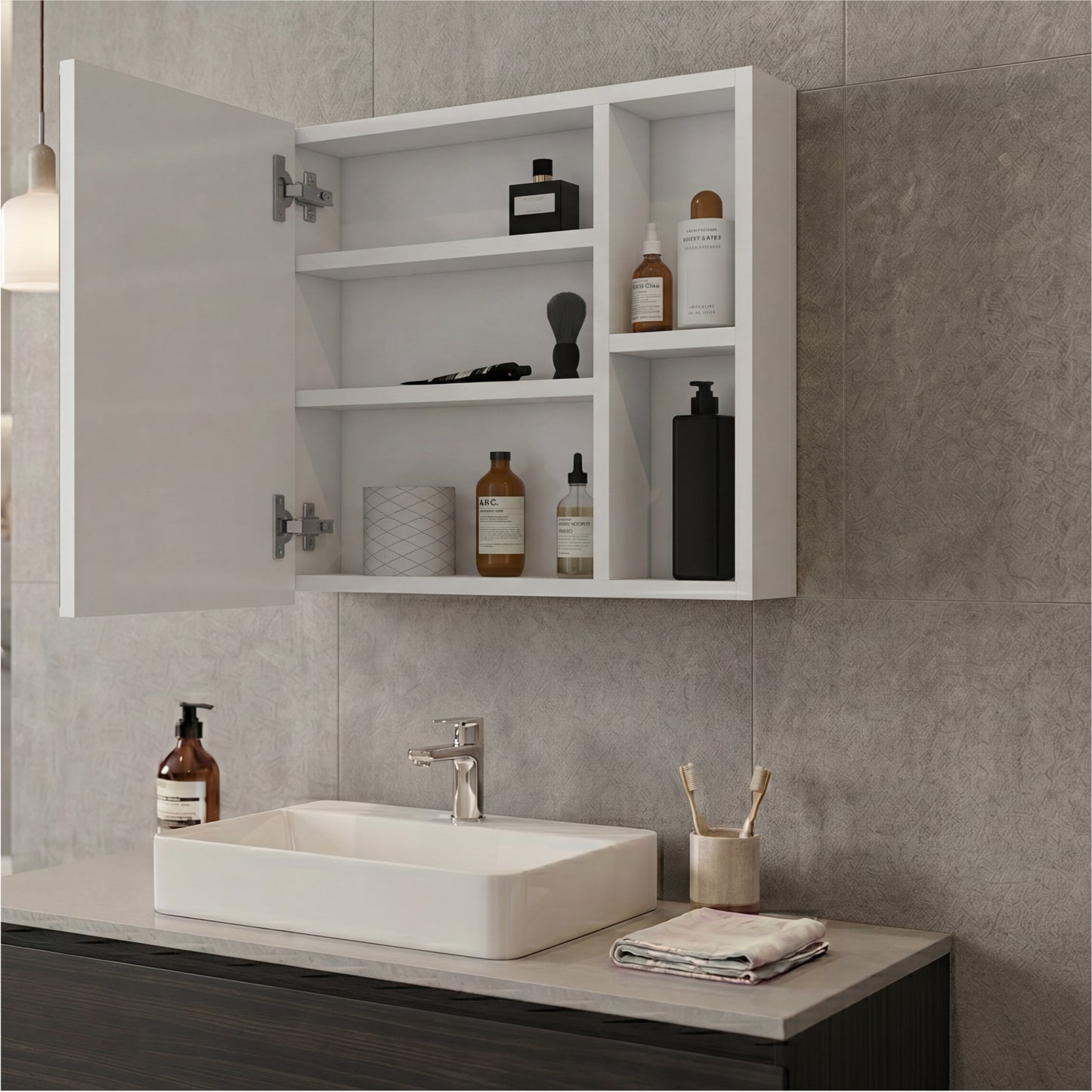 Oman Medicine Cabinet with Mirrored Single Door, Three Interior Shelves, Dual External Display Shelves and Spacious Top Surface for Organized Bathroom Storage, Daily Essentials Access