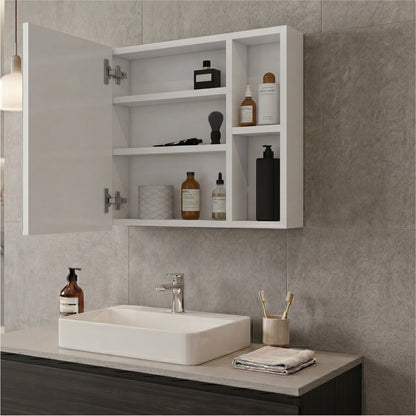 Oman Medicine Cabinet with Mirrored Single Door, Three Interior Shelves, Dual External Display Shelves and Spacious Top Surface for Organized Bathroom Storage, Daily Essentials Access