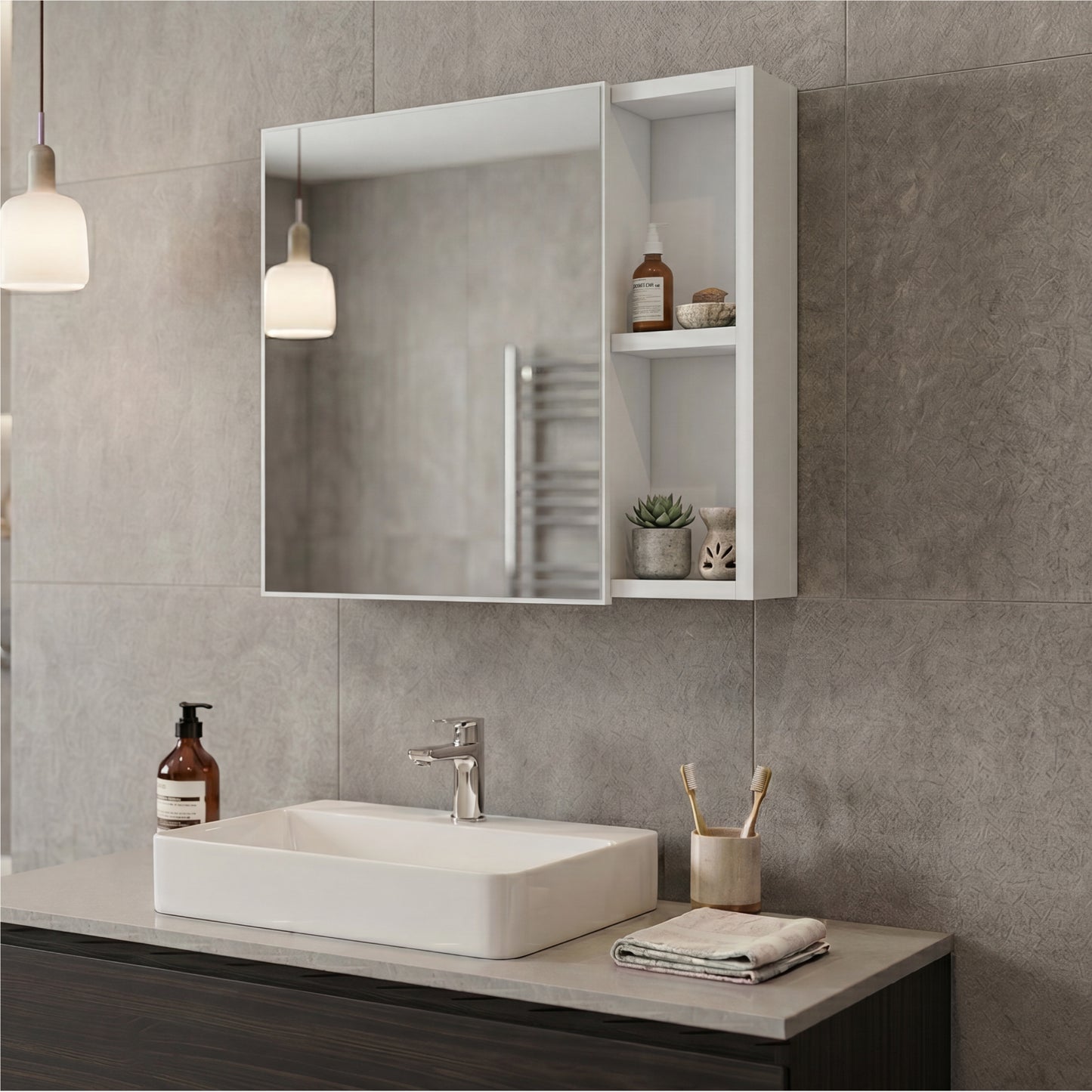 Oman Medicine Cabinet with Mirrored Single Door, Three Interior Shelves, Dual External Display Shelves and Spacious Top Surface for Organized Bathroom Storage, Daily Essentials Access