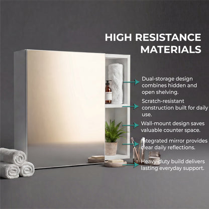 Oman Medicine Cabinet with Mirrored Single Door, Three Interior Shelves, Dual External Display Shelves and Spacious Top Surface for Organized Bathroom Storage, Daily Essentials Access