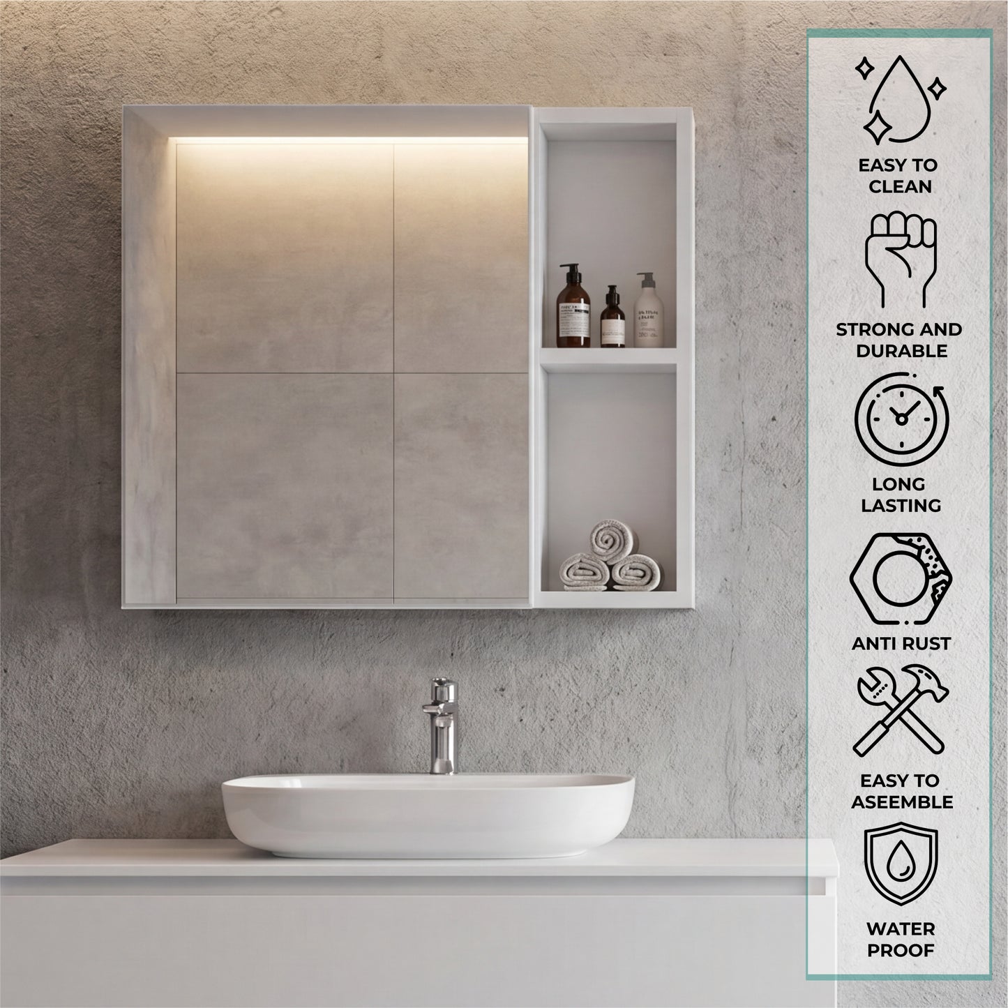Oman Medicine Cabinet with Mirrored Single Door, Three Interior Shelves, Dual External Display Shelves and Spacious Top Surface for Organized Bathroom Storage, Daily Essentials Access