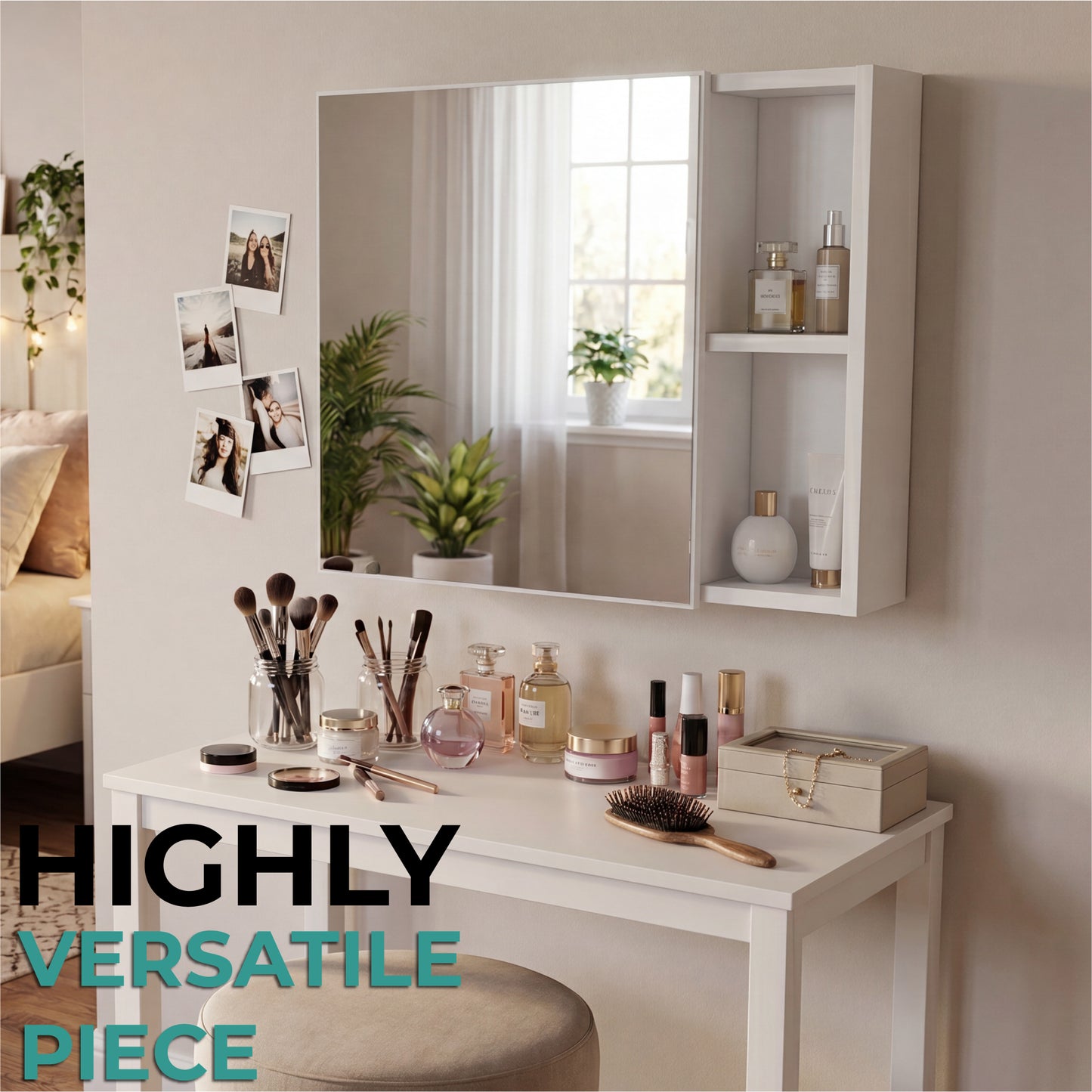 Oman Medicine Cabinet with Mirrored Single Door, Three Interior Shelves, Dual External Display Shelves and Spacious Top Surface for Organized Bathroom Storage, Daily Essentials Access
