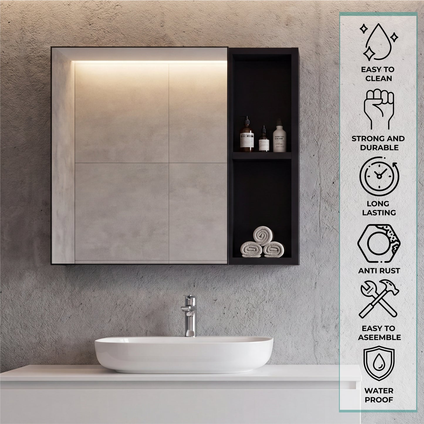 Oman Medicine Cabinet with Mirrored Single Door, Three Interior Shelves, Dual External Display Shelves and Spacious Top Surface for Organized Bathroom Storage, Daily Essentials Access