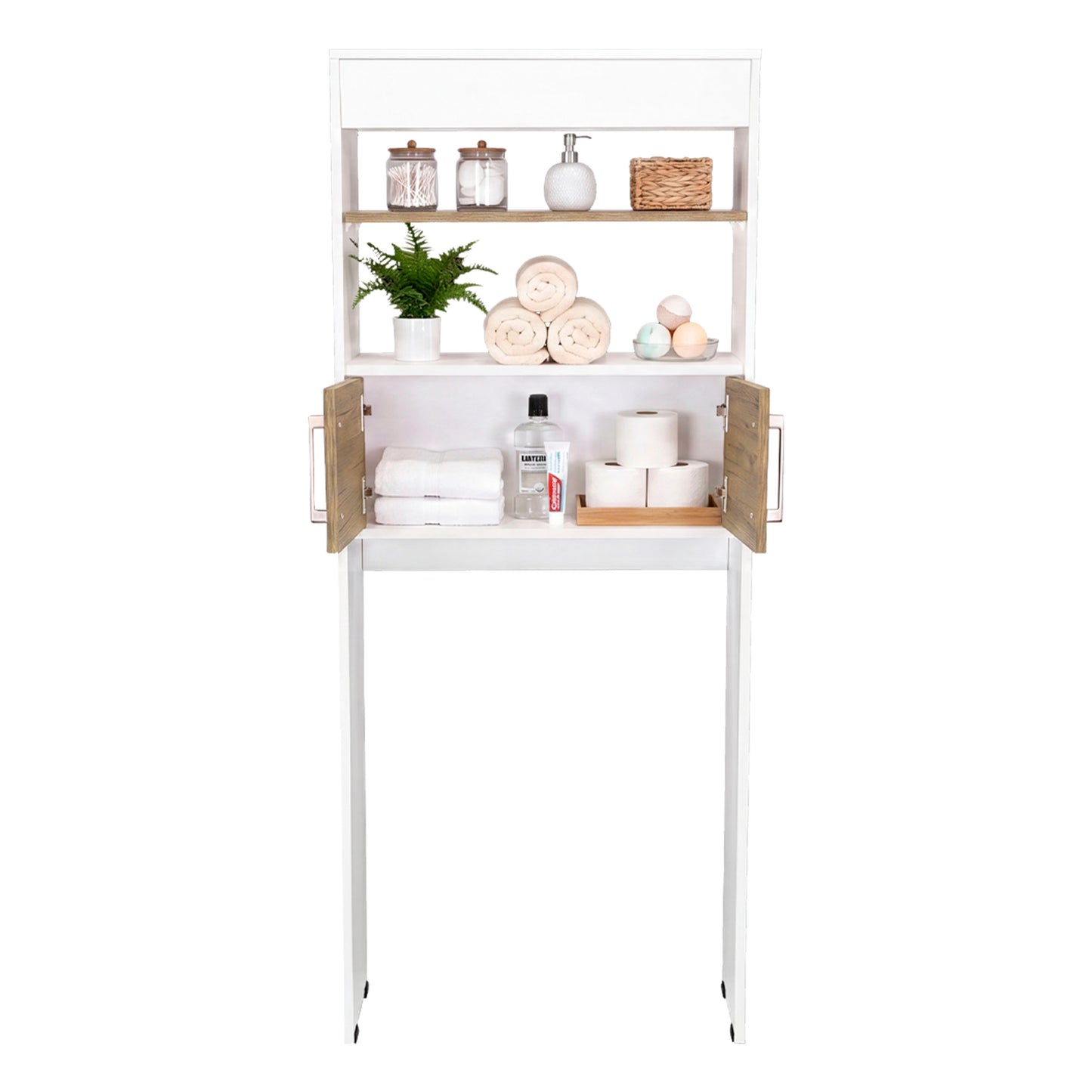 Over-the Toilet Compact Bathroom Cabinet with 2 Open Display Shelves and 2-Door Cabinet
