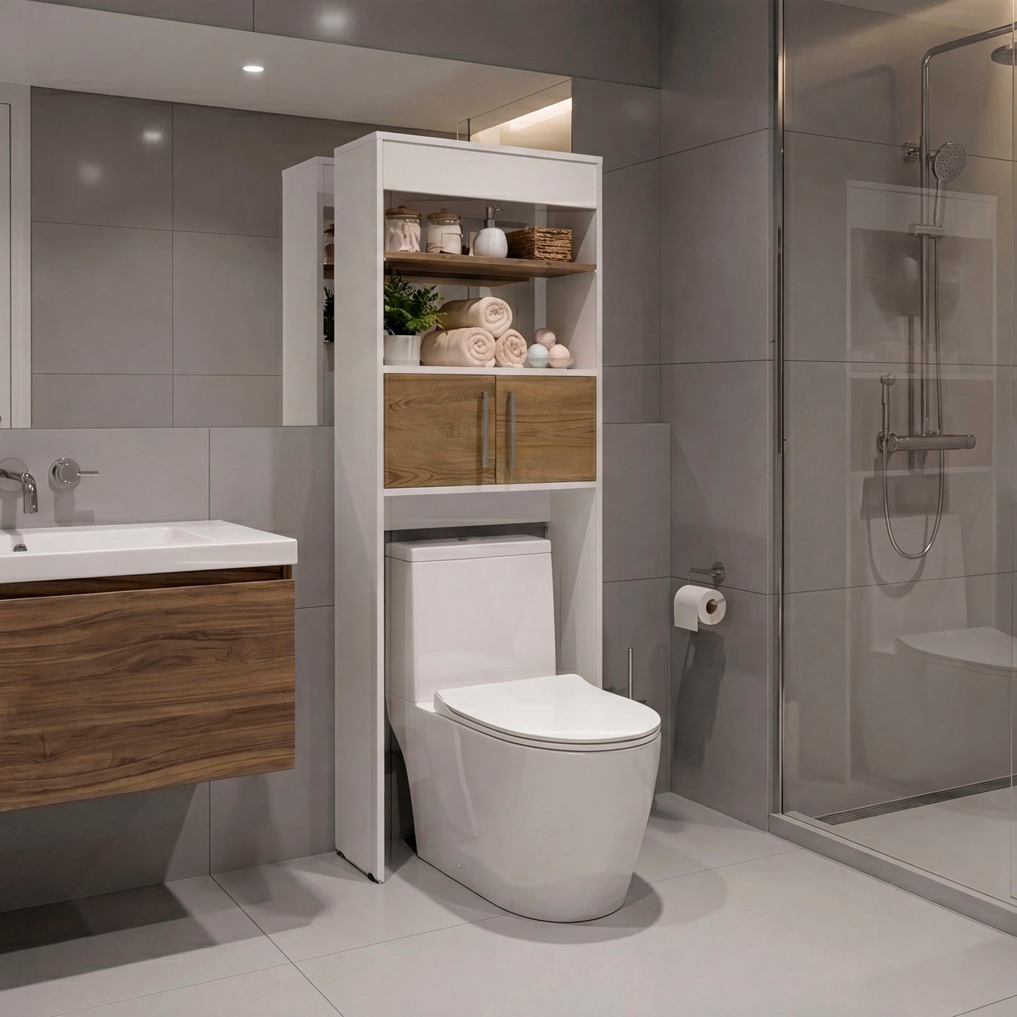 Over-the Toilet Compact Bathroom Cabinet with 2 Open Display Shelves and 2-Door Cabinet