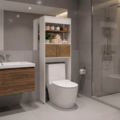 Over-the Toilet Compact Bathroom Cabinet with 2 Open Display Shelves and 2-Door Cabinet