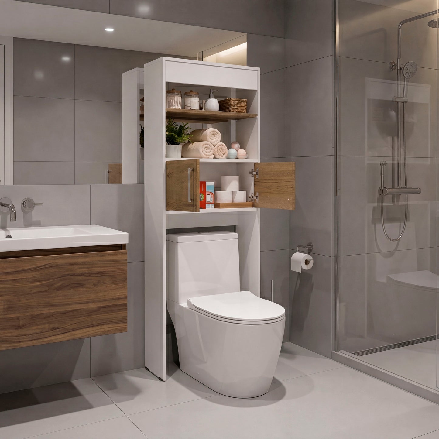 Over-the Toilet Compact Bathroom Cabinet with 2 Open Display Shelves and 2-Door Cabinet