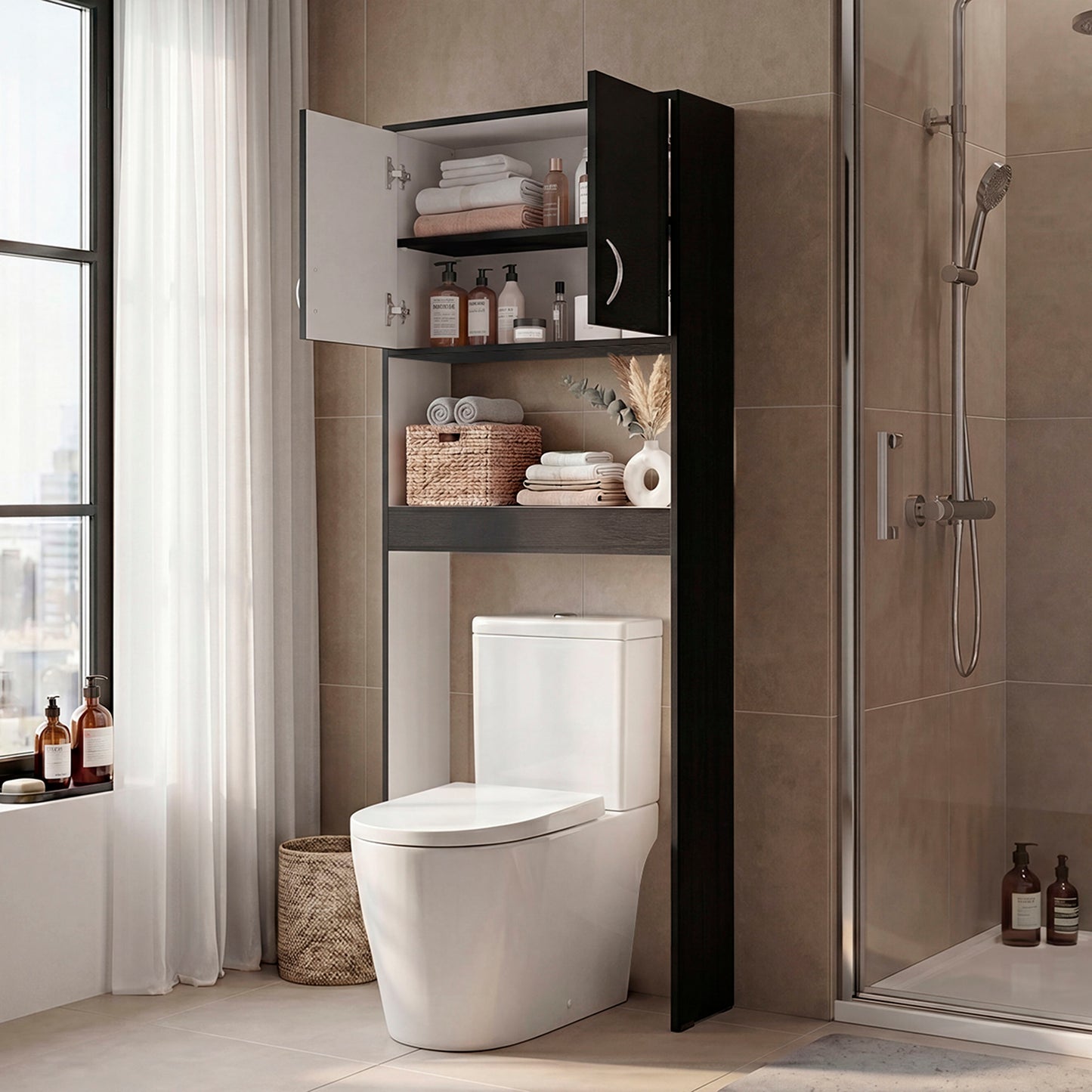 Optimizer Over-the-Toilet Bathroom Cabinet with 2-Door Compartment with 2 Interior Shelves and One Display Shelf