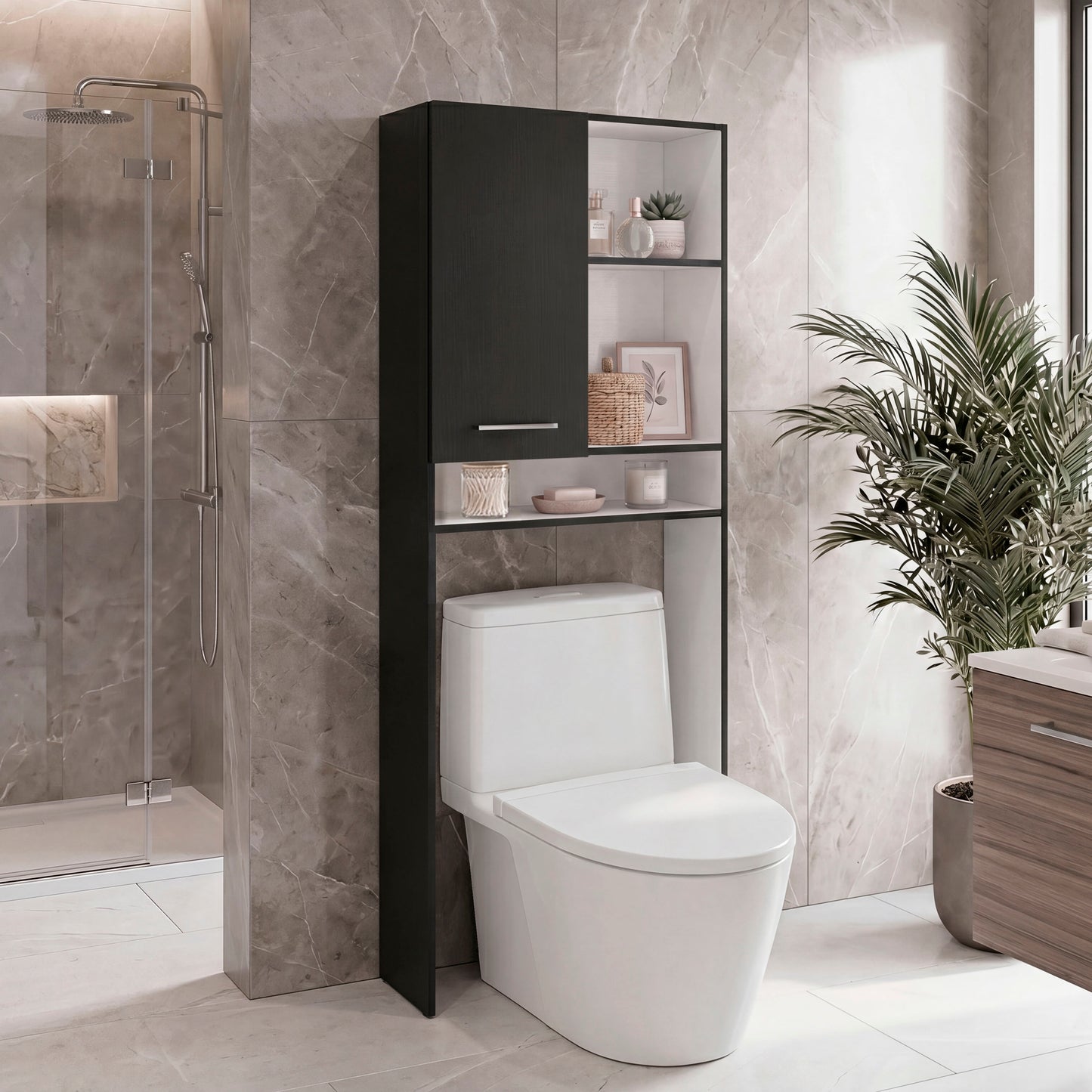 Over-the-Toilet Bathroom Storage Cabinet with One Door Cabinet and 3 Open Display Shelves