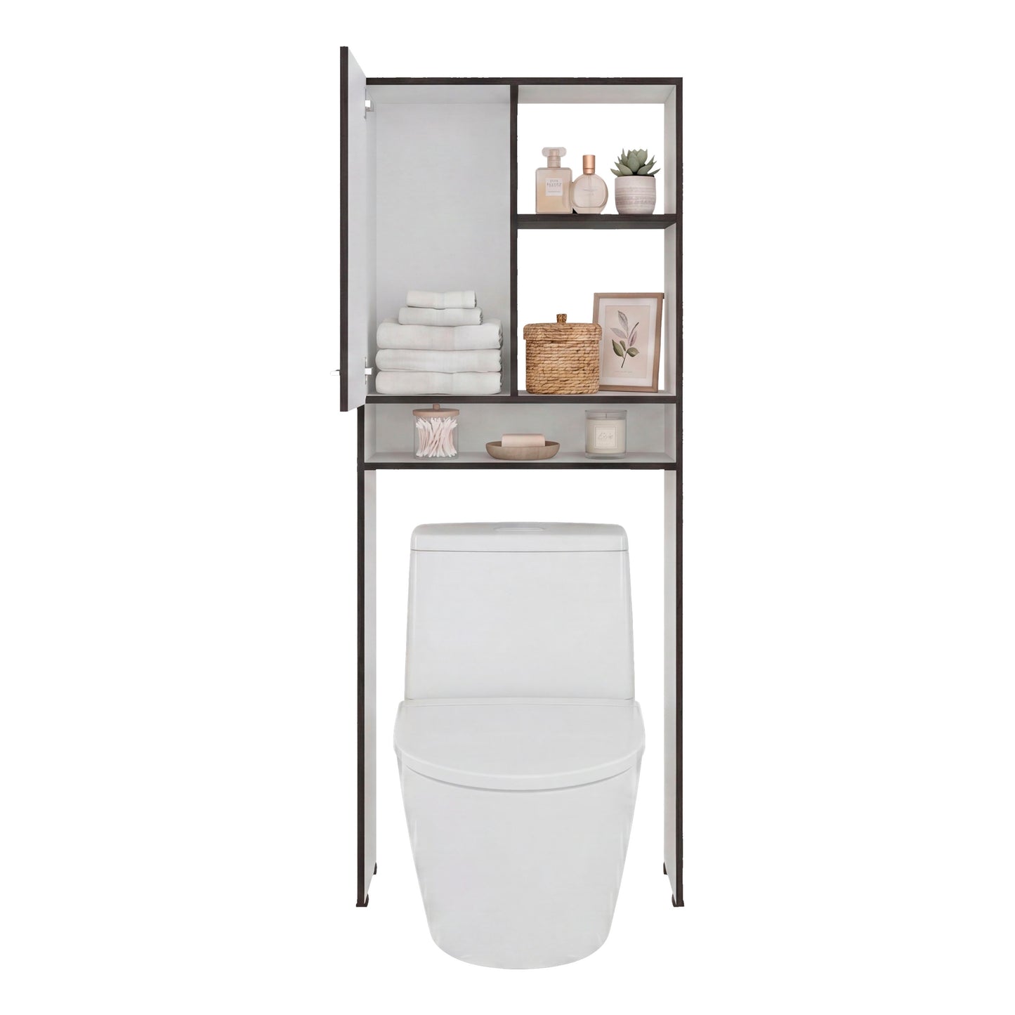 Over-the-Toilet Bathroom Storage Cabinet with One Door Cabinet and 3 Open Display Shelves