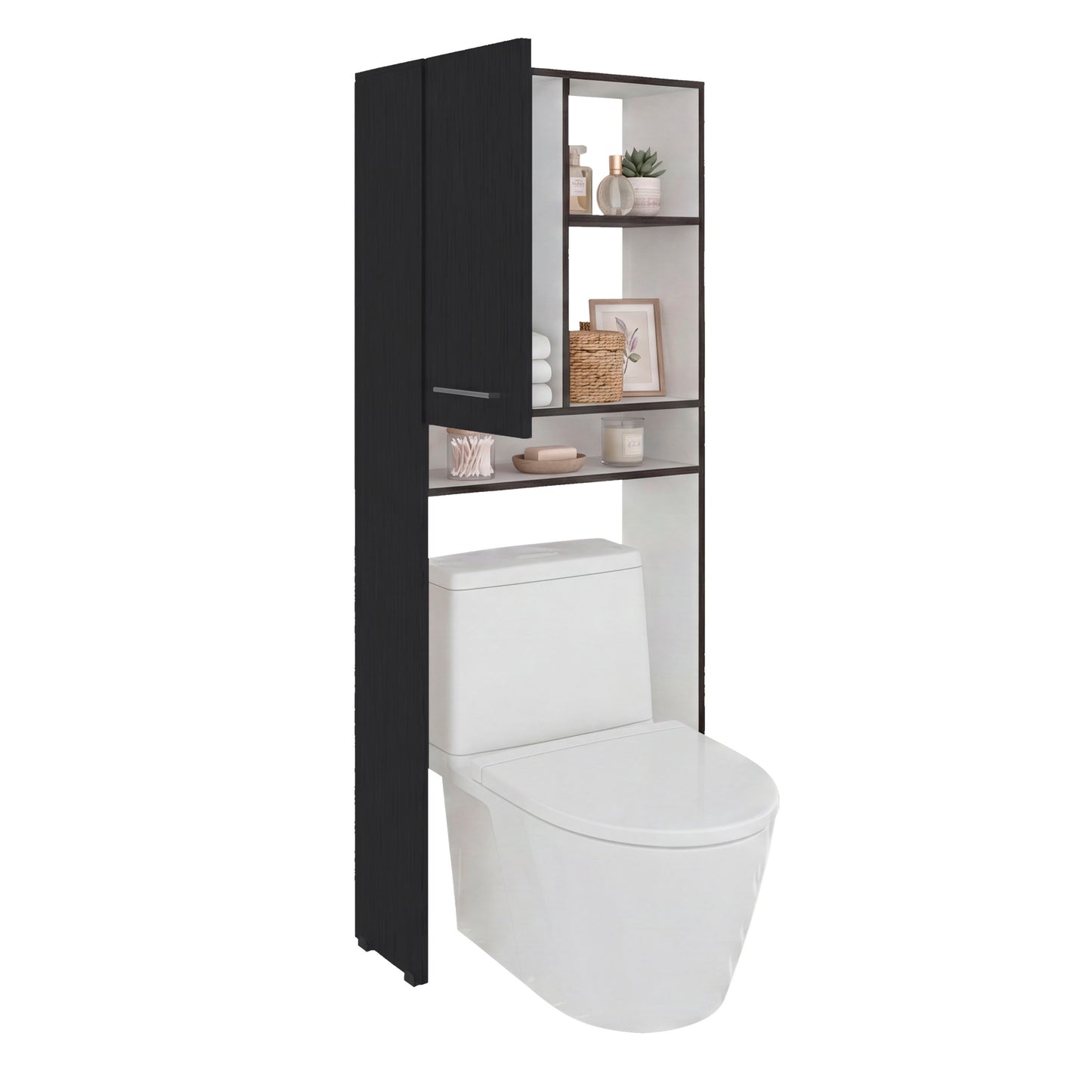 Over-the-Toilet Bathroom Storage Cabinet with One Door Cabinet and 3 Open Display Shelves